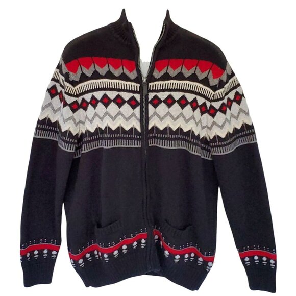 CHAPS Fair Isle Sweater Men's Medium Full Zip Knit Mock Neck Long Sleeve Pockets - Picture 2 of 12